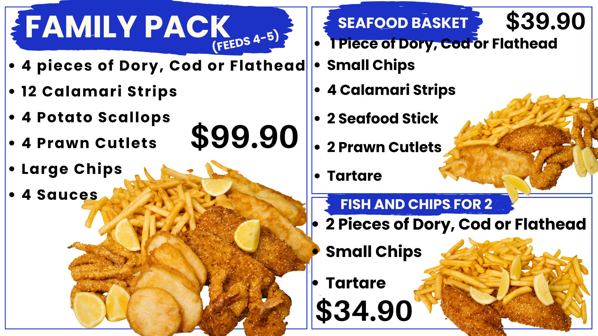 Family Pack, Seafood Basket, Fish and chips